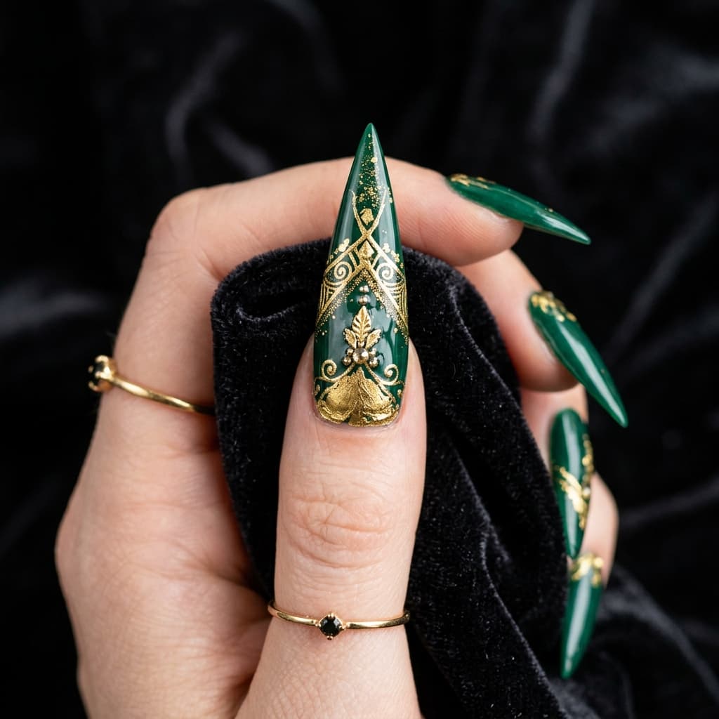 Dramatic stiletto nail design with gold leaf accents on dark background