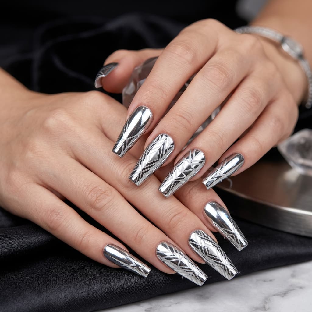 Chrome mirror-finish nail art with geometric patterns