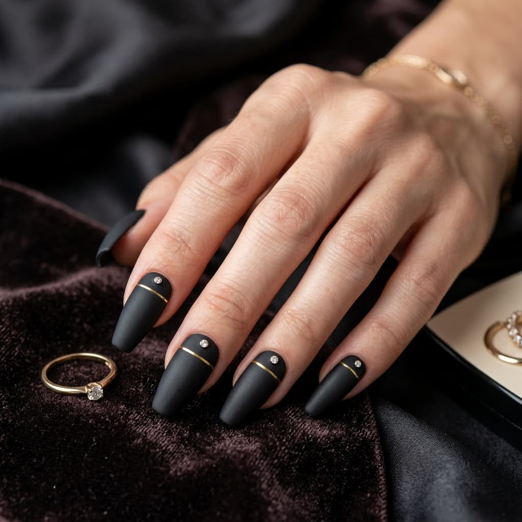 Matte black coffin nails with subtle gold line detailing
