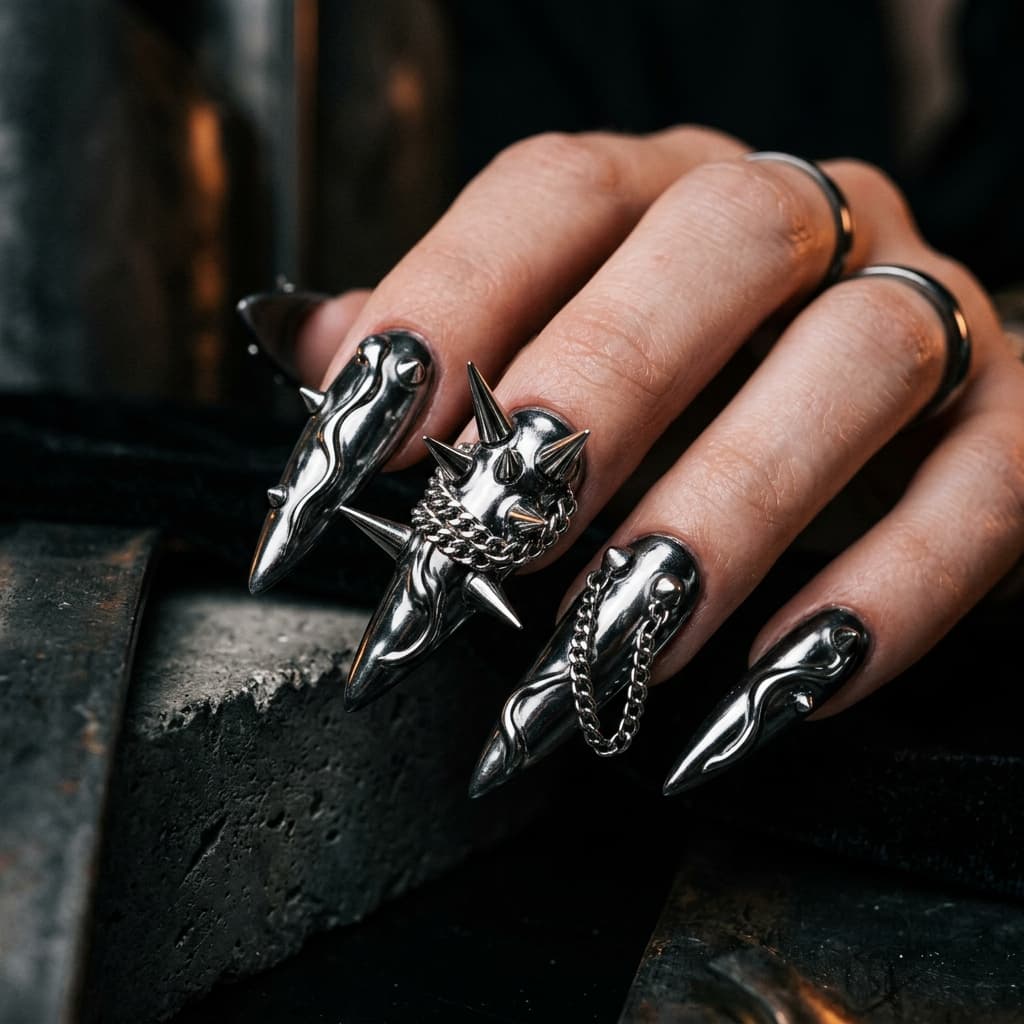 Talons Nails artisan hand-painting a minimalist nail design with gold accents
